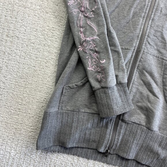 Y2K Oakley Full Zip Hoodie Wom MGrey / Pink Flower Sleeve AOP Boho Hooded Strech - Picture 2 of 16